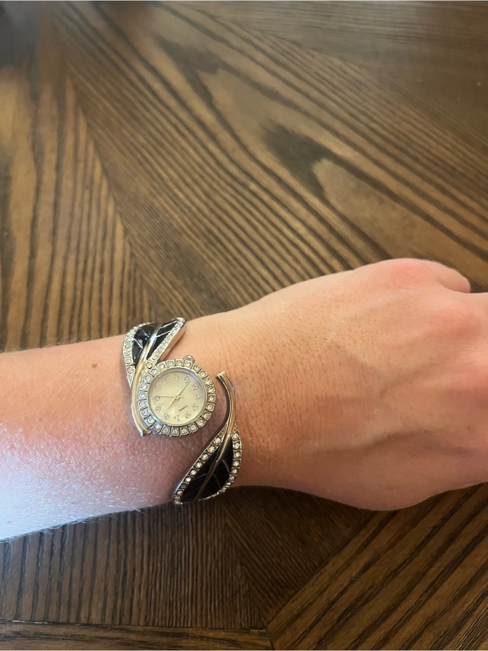 Silver-Tone Wrap Bracelet Watch with Black Inlay and Crystals